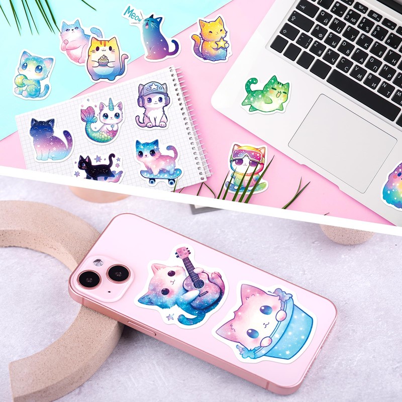 SigyoJeom 200PCS Starry Sky Cat Stickers, Holographic Stickers for Kids
