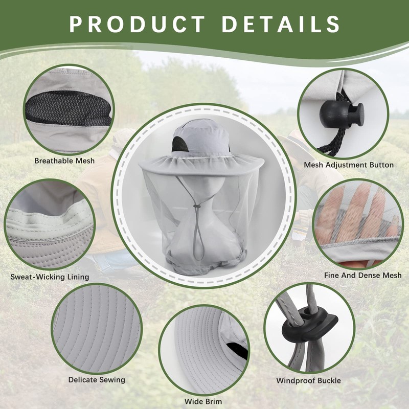 Grantop Midge Head Net Hat, Grey Nylon Mosquito Head Net