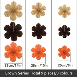 Yosawa 9PCS Paper Flowers Decorations for Wall Hanging Flower Fans Birthday Baby Shower Party Backdrop Decor(Cowhide/Dark Brown/Orange Red)