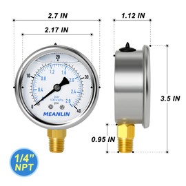 Meanlin MEASURE 0-40Psi Stainless Steel 1/4" NPT 2.5" Face Dial Liquid Filled Pressure Gauge WOG - Water, Oil, Air - Lower Mount, with 1/2" NPT Hex Bushing
