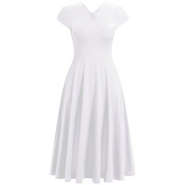 AFAVOM Lyrical Dance Costumes for Women Solid V-Neck Lyrical Dance Dress Flowy Swing Ruffle Maxi Skirt Contemporary Dance Costumes Adult Ballet Leotard Dance Dress Dancewear White XS