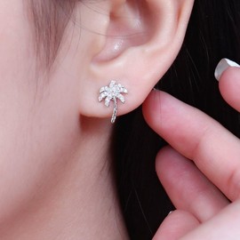 Crystal Palm Tree Stud Earrings for Women Silver Plated Delicate CZ Leaf Plant Studs Earring Ocean Beach Themed Festival Birthday Holiday Jewelry
