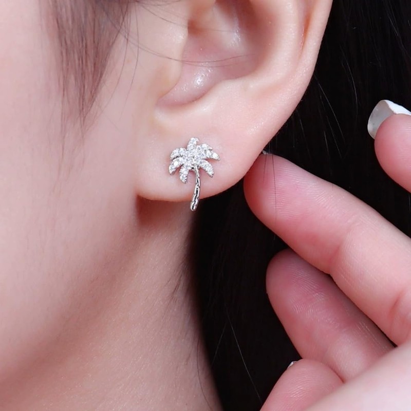 Crystal Palm Tree Stud Earrings for Women Silver Plated Delicate