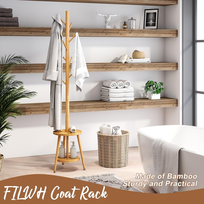 FILWH Freestanding Coat Rack with Umbrella Organizer Tray Bamboo Coat