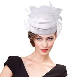 Woman Feather Fascinator Hat Pillbox Derby Hats with Veil Clip Vintage Bridal Wedding Tea Party Cap White