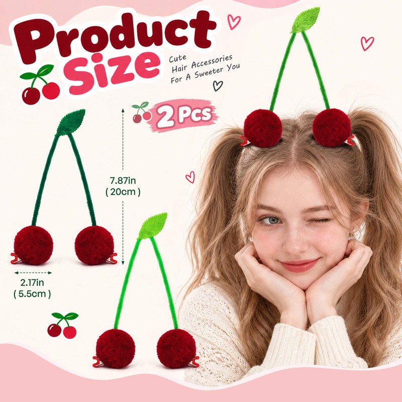 4PCS Cherry Hair Clips Pom Pom Cherry Bun Accessories
