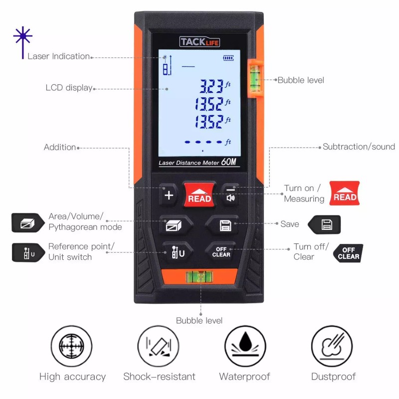 Tacklife HD60 Classic Laser Measure 196Ft M/In/Ft Mute Laser Distance