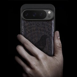Carveit Magnetic Wooden Case for Pixel 9 Pro Google 9 Pro Case, Wood Artisan Engraved & Soft TPU Shockproof Cover, Compatible with MagSafe Wireless Chargers (The Haloed Crow) Blackwood