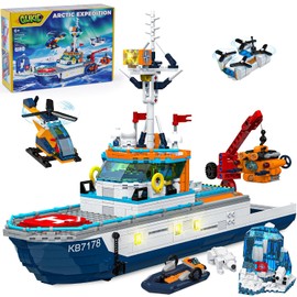 City Boat Building Set with LED Lights, Arctic Explorer Ship Toy Gift for 8 Year Old Boys and Girls, with Helicopter, Drone, Speedboat, Submersible, Iceberg, and Polar Bears
