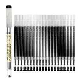 Gel Ink Pen Refills Rods 0.35mm Ultra Fine Black Quick-Drying Gelpen Ballpoint for Finance Marker Pens School Office Exam Supplies Student Writing Drawing Stationery(1 Pc Pen+20 Pc Refill) (Black)