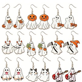 Halloween Dangle Ghost Earrings Set for Women Cute Acrylic White Ghost Earrings Print Pumpkin Wooden Resin Bowknot Book Lightweight Sparkly Earring for Women Cosplay Costumes Jewelry (white-9)