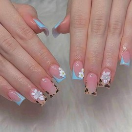 MERVF Square Press ons Nails Medium Fake Nail Blue French Tip Glue on Leopard Summer Acrylic Nail 3D Flower Squoval Handmade Manicure Supplies Art 24pcs Glossy
