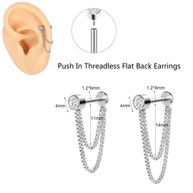 AoedeJ 2 Pairs Flat Back Stud Earrings Push In Flat Back Earrings for Cartilage Earring Chain Threadless Flat Back Earrings for Women (Silver)