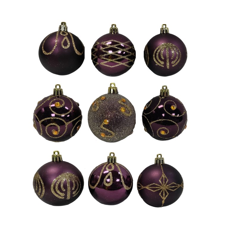 9 decorated plum christmas baubles - purple plum baubles christmas