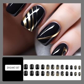 Press on Nails Square Short Length Glossy Full Cover Acrylic Square Shaped Black False Nails with Gold Line Designs Artificial Extra Short Fake Nails Glue ons Nails Stick on Fingernails for Women