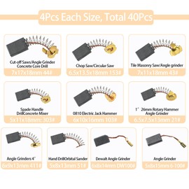 40Pcs Carbon Brushes Set for Electric Motor,10 Sizes, Each 4Pcs,Ideal Replacement Motor Kit for Repairing Power Tools,Suitable for DIYers and Maintenance Workers