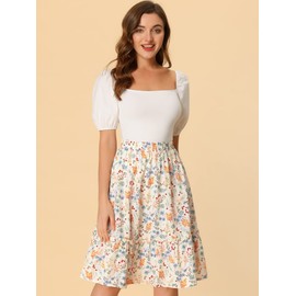Allegra K Women's Summer Ruffle Skirt Hem Flowers A-Line High Waist Knee-Length Midi Skirt, White