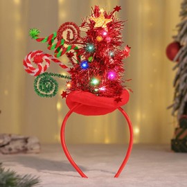Catery Light up Christmas Headbands Led Christmas Tree Headband Elf Hats Hair Band Xmas Hairband Holiday Hair Hoop Hair Accessories for Women and Kids (Set-A)