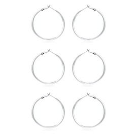 3 Pairs Sterling Silver Hoop Earrings, 14K White Gold Plated Big Hoop Earrings Set for Women 60MM