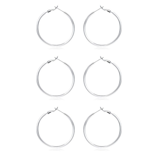 3 Pairs Sterling Silver Hoop Earrings, 14K White Gold Plated