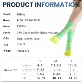 likloks Toe Socks Colorful High Performance Athletic Running Five Finger Socks for Men and Women Crew-Large (3 Pairs)