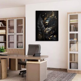 Yifofeu Black Gold Feather Wall Art Abstract Black and Gold Wall Decor,Printed Wall Painting for Living Room Bathroom Wall Decor Modern Office Home Decorations 12"x16"