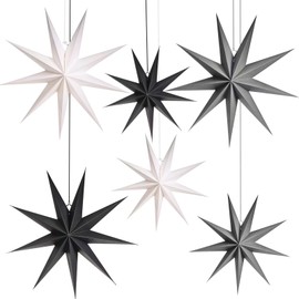 JOYSAL Pack of 6 Paper Stars for Christmas Decoration, 3 x 30 cm & 3 x 45 cm Paper Star Decoration, Neuneck Christmas Star Decoration (Black & White & Grey)