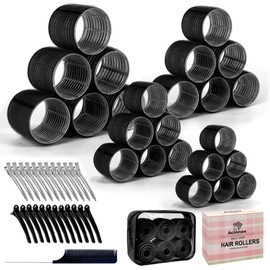 4 Sizes Self-Grip Hair Rollers Set with Clips - 4 Sizes for Long, Short Hair & Bangs (25mm, 36mm, 48mm, 60mm), (BLACK, 4 Sizes)