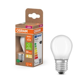 OSRAM Energy Class LED-Lampe in klassischer Miniballform, 3.8 W / 806 lm, EEK A, warmweißes Licht (2700 K), CRI 80, aus gefrostetem bleifreiem Glas, E27 Sockel, IP20, 45 mm Durchmesser.