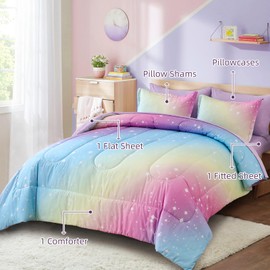 Drucon Rainbow Comforter Set Queen Size for Teen Girl &Boys,7 Pieces Bed in A Bag Blue Blush Rainbow Bedding Set Queen Size(1 Comforter, 1 Flat Sheet, 1 Fitted Sheet, 2 Pillow sham, 2 Pillowcases)