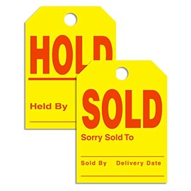 50 Pack Sale Sold / Hold Held Sold by Jumbo Rear View Mirror Large Hang Tags Car Lot Dealer Auto Dealership Yellow and RED