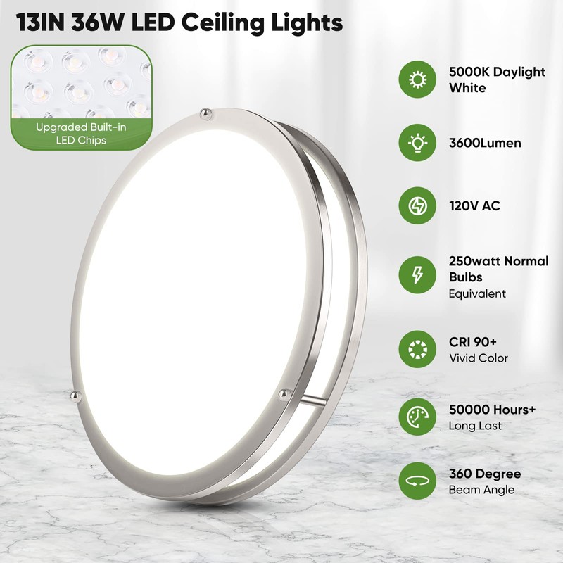 36W 3600lm Super Bright LED Light Fixtures, 2PACK Modern Flush