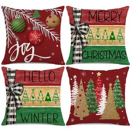 Christmas Decorations Pillow Covers 18x18 Set of 4 Merry Christmas Joy Snowflake Xmas Trees Hello Winter Holiday Pillows Decorative Throw Cushion Case for Sofa Couch KI160-Red