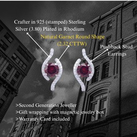 Jewels Ceylon Natural Garnet Earrings for Women – 925 Sterling Silver Round Cut Gemstones (2.35 CTTW) – January Birthstone Stud Earrings, Push Back Closure, Tarnish-Resistant, Gift-Box Ready