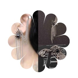 Yheakne Vintage Crystal Cup Chain Earrings Silver Dangle Chain Cuff Earrings Black Crystal Fringe Earrings Cartilage Helix Earrings Jewelry for Women Girls, Silver