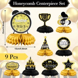 Retirement Decorations, 9Pcs Table Honeycomb Centerpieces, Retired Party Table Decorations, Black and Gold Table Toppers for Men Women Farewell Events Photo Props