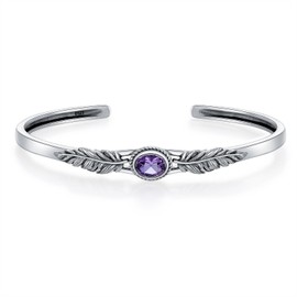 QKABTI Natural Amethyst Feather Cuff Bracelet for Women, Vintage 925 Sterling Silver Adjustable Boho Bangle Gift