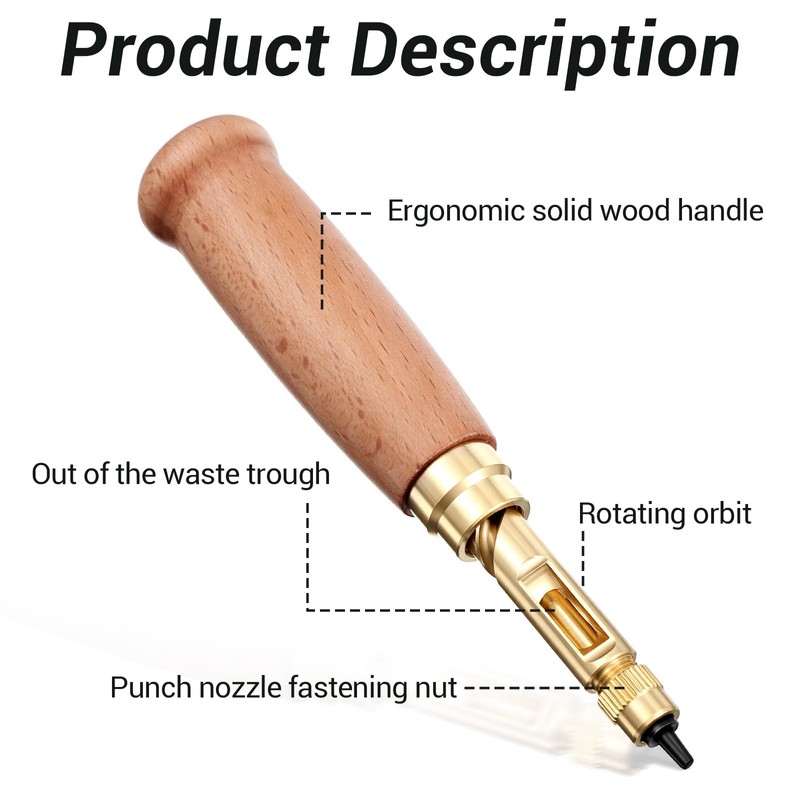 Leather Hole Punch, Adjustable Japanese Screw Punch with Wooden Handle,