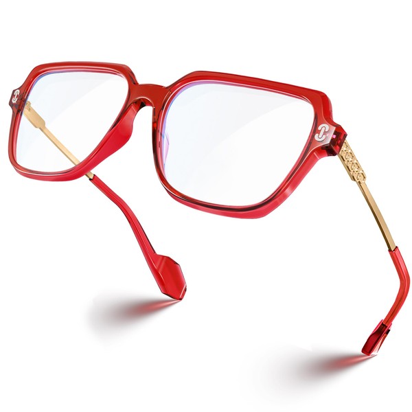 VISOONE - anteojos de bloqueo de luz azul de gran tamaño con marco cuadrado TR90 y patillas de metal para mujeres y hombres REMY, Rojo cardenal, Lagre