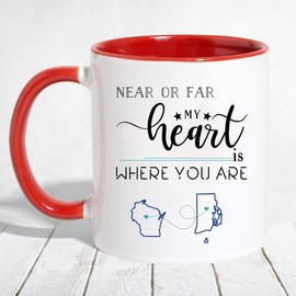 Mother Day, Father Day Gift Distance Mug - Near Or Far My Heart Is Where You Are - Long Distance Mug State Map (WI RI) Wisconsin Rhode Island - Accent Mug 11 OZ (Red)