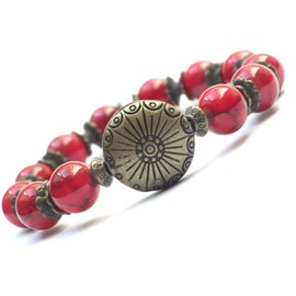 Zen Armband für Frauen in roten Perlen in rekonstruiertem Türkis und flacher Perle in antiker Bronze