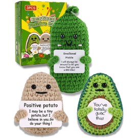 Gifts for Women Men Positive Potato Pickle: 3Pcs Funny Crochet Dolls Christmas Stocking Stuffers Friends Coworkers Roommates College Students Sister with Cheer Up Cards (Potato,Pickle,Avocado)