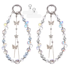 Tucnoeu 2pcs Butterfly Beaded Phone Charms Strap,Cute Phone Key Chain Crystal Phones Wrist with Tether Tab Hands-Free Wristlet Phones Keychain Charm