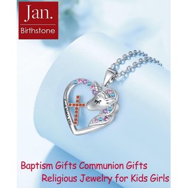 BAOWING Cross Necklace for Kids Girls Cross Birthstone Heart Unicorn Pendant Jewelry Easter Gifts First Communion Baptism Gifts for Godchild Teens Little Girls Daughtet Granddaughter January