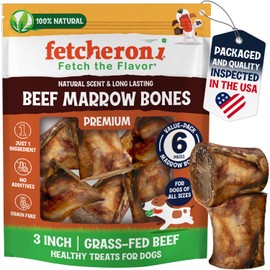FETCHERONI Beef Marrow Bones for Dogs, 3" Bone, Long Lasting Stuffed Treats, Tasty and Healthy Snack for Small and Medium Sized Pets, (6 Pack)