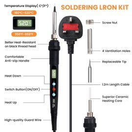 Soldering Iron Kit, 80W LCD Adjustable Temperature 180-520°C with Switch 15 in 1 Welding Tools with 5 Soldering Tips Solder Wire Desoldering Pump Wire Stripper, Cutter, Stand, Tweezers, Tool Case