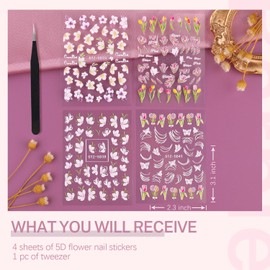 5D Flower Nail Stickers for Nail Art, 4 Sheets 3D Embossed Hollow Butterfly Pegatinas Uñas Nail Accessories Self Adhesive Colorful Floral Lace Nail Art Decals Supplies for Women Spring Summer