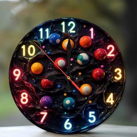 Colorful LED Clock with Pool Balls Design10-Inch Wooden Wall Clock, Silent Movement, Battery Operated (AA Batteries Not Included), Artistic Home Decor, Perfect for Home Accents