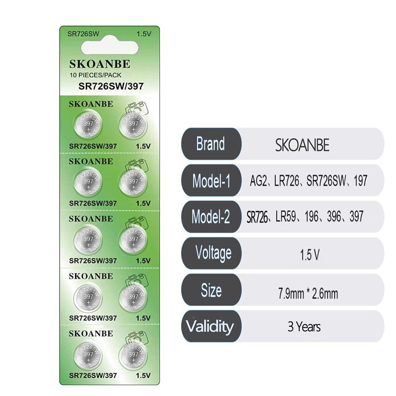 SKOANBE SR726SW 397 1.5V Silver Oxide Watch Battery-10 Packs