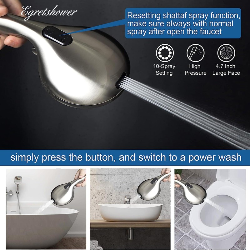 High Pressure Handheld Shower Head, 10-Setting Showerhead, 4.7”Detachable Showerhead Set